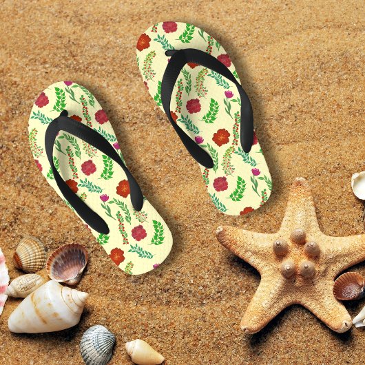 赤い牡丹とポピーの花と緑の葉花 キッズビーチサンダル