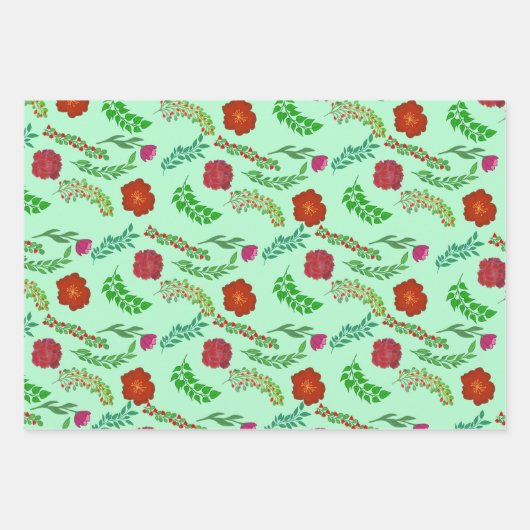 赤い牡丹とポピーの花と緑の葉花 ラッピングペーパーシート (正面)