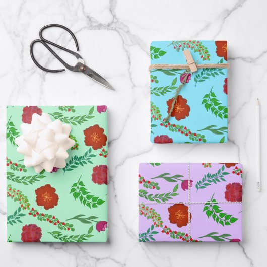 赤い牡丹とポピーの花と緑の葉花 ラッピングペーパーシート (正面)