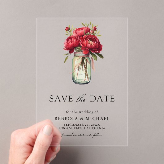 赤い牡丹のフローラメイソンのjar結婚式日付を保存 アクリル招待状 (インサイチュ (ポータブル))