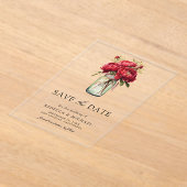赤い牡丹のフローラメイソンのjar結婚式日付を保存 アクリル招待状 (レイダウン)