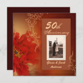 赤い牡丹の中国風 50周年結婚記念日 招待状 (正面/裏面)