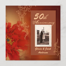 赤い牡丹の中国風 50周年結婚記念日 招待状