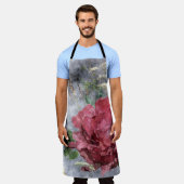 赤い牡丹の水彩花模様 エプロン (着用した状態)