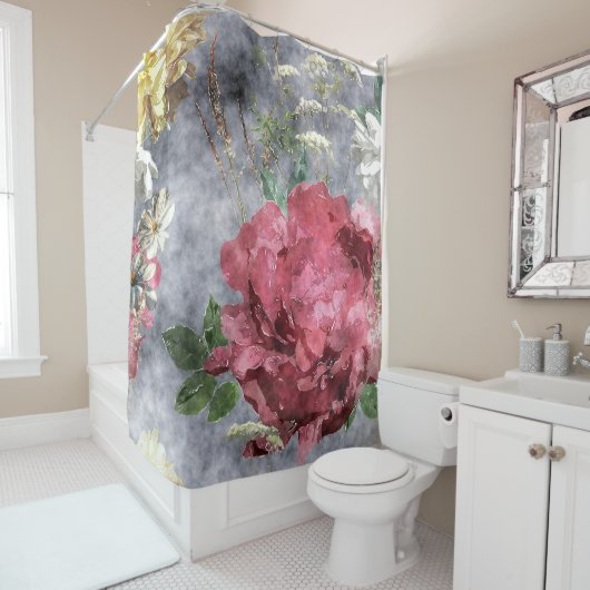 赤い牡丹の水彩花模様 シャワーカーテン (インサイチュ)