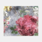 赤い牡丹の水彩花模様 フリースブランケット (正面(横))