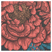 赤い牡丹の花と蛾 ファブリック (クローズアップ)