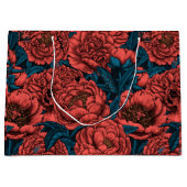 赤い牡丹の花と蛾 ラージペーパーバッグ (正面)
