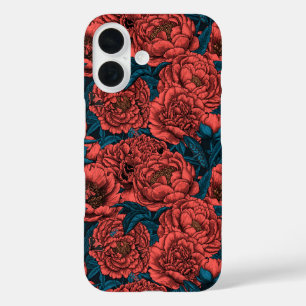 赤い牡丹の花と蛾 iPhone 16ケース