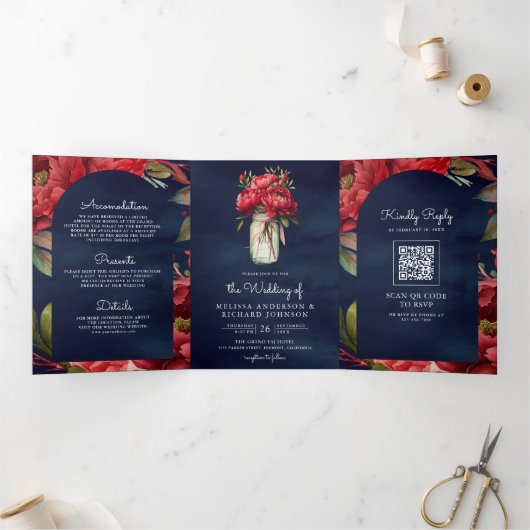 赤い牡丹の花のマソンジャーコード ネイビーウェディング 三つ折り招待状 (内部)
