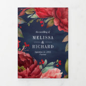 赤い牡丹の花のマソンジャーコード ネイビーウェディング 三つ折り招待状 (カバー)