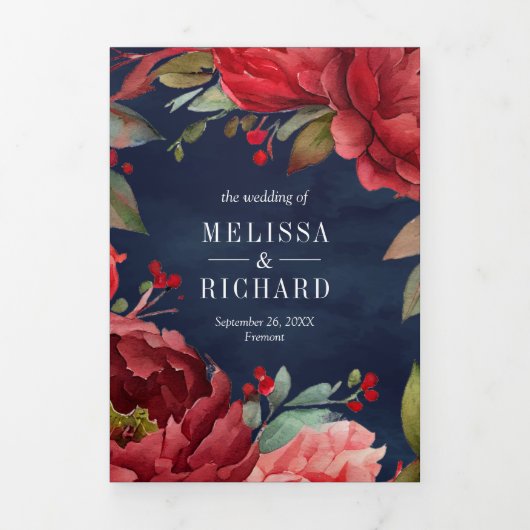赤い牡丹の花のマソンジャーコード ネイビーウェディング 三つ折り招待状 (カバー)