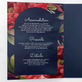 赤い牡丹の花のマソンジャーコード ネイビーウェディング 三つ折り招待状 (内部最初)