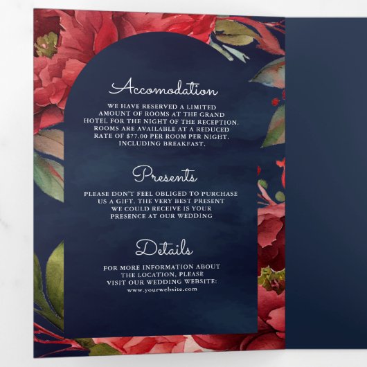 赤い牡丹の花のマソンジャーコード ネイビーウェディング 三つ折り招待状 (内部最初)