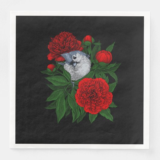 赤い牡丹の花束の上の鳥 (正面)