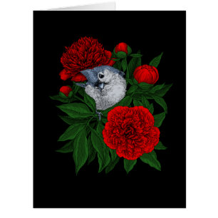 赤い牡丹の花束の上の鳥
