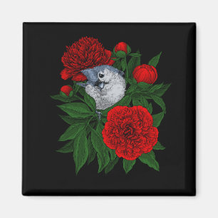 赤い牡丹の花束の上の鳥 マグネット