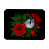 赤い牡丹の花束の上の鳥 マグネット (横)