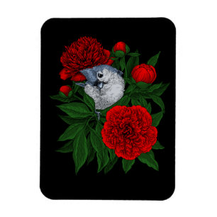 赤い牡丹の花束の上の鳥 マグネット