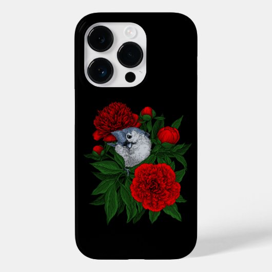 赤い牡丹の花束の上の鳥 Case-Mate iPhoneケース (裏面)