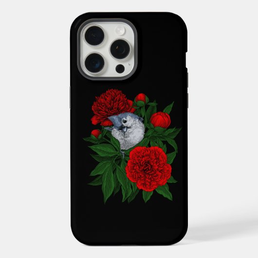 赤い牡丹の花束の上の鳥 iPhoneケース (裏面)