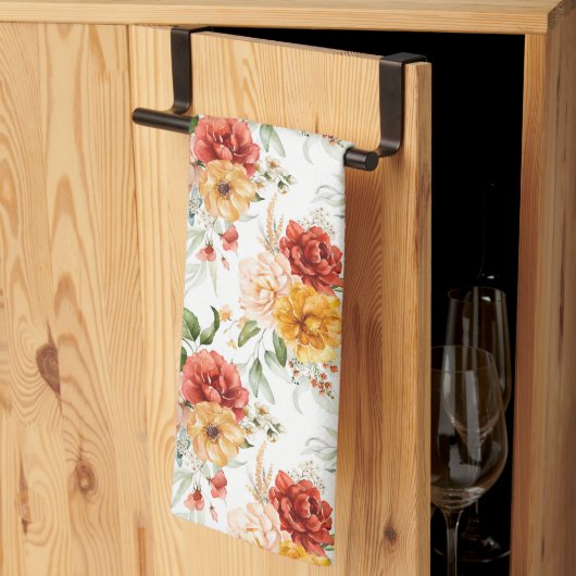 赤い牡丹の花束模様 キッチンタオル (三つ折り)