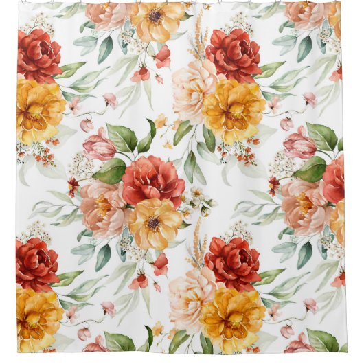 赤い牡丹の花束模様 シャワーカーテン (正面)