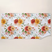 赤い牡丹の花束模様 ビーチタオル (正面)