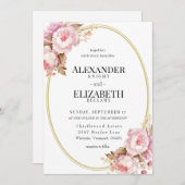 赤い牡丹の金ゴールドサークル結婚式招待状 招待状 (正面/裏面)