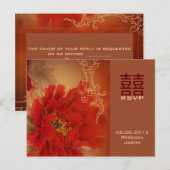 赤い牡丹ダブルハッピン中国のズウェディングRSVP インビテーションポストカード (正面/裏面)