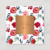 赤い牡丹バラバラ金ゴールド銅ラベルフローリスト スクエア名刺 (正面)