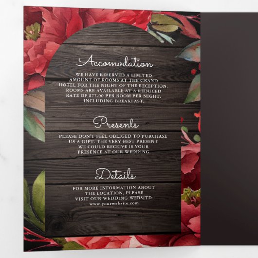 赤い牡丹フローラメイスンジャーQRコードウッド結婚ズ 三つ折り招待状 (内部最初)