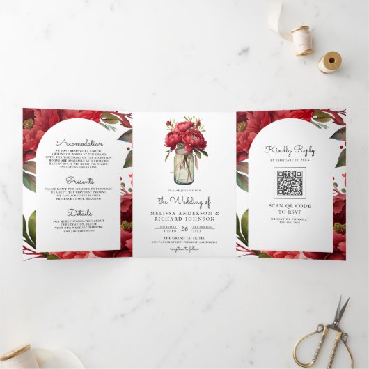 赤い牡丹フローラメイスンジャーQRコード結婚ズ 三つ折り招待状 (内部)