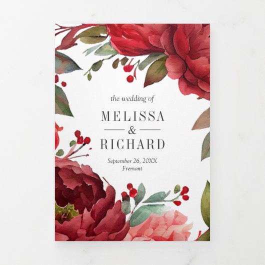 赤い牡丹フローラメイスンジャーQRコード結婚ズ 三つ折り招待状 (カバー)
