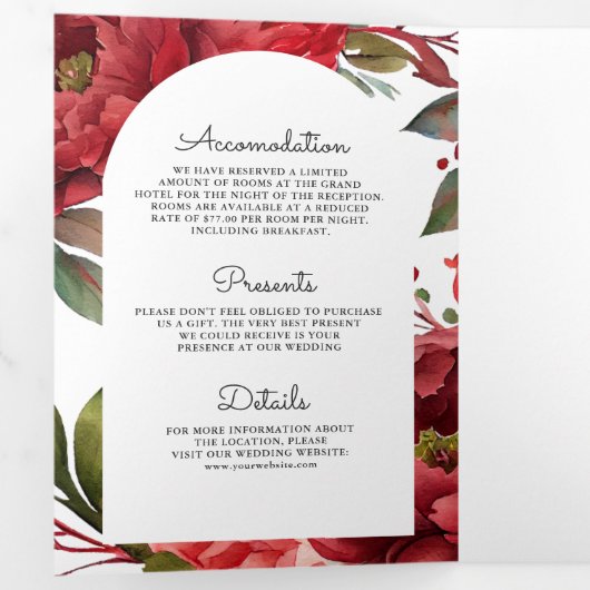 赤い牡丹フローラメイスンジャーQRコード結婚ズ 三つ折り招待状 (内部最初)