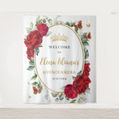 赤い牡丹フローラ蝶キンチェニェラウェルカム タペストリー (正面)