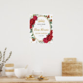 赤い牡丹フローラ蝶キンチェニェラウェルカム ポスター (キッチン)