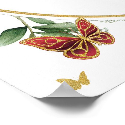 赤い牡丹フローラ蝶キンチェニェラウェルカム ポスター (角)