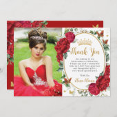 赤い牡丹フローラ蝶キンチェニェラ写真 サンキューカード (正面/裏面)