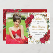 赤い牡丹フローラ蝶キンチェニェラ写真 セーブザデート (正面/裏面)