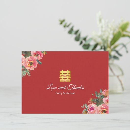赤い牡丹モダン結婚中国のフローラ サンキューカード (スタンド正面)