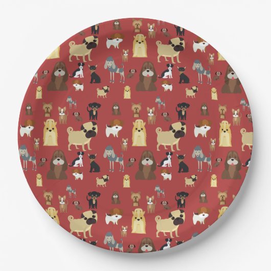 赤い犬パターン ペーパープレート (正面)