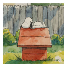 赤い犬小屋の上の水彩の眠る犬の芸術