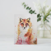 赤い狐の水彩画 アート かわいい ポストカード (スタンド正面)