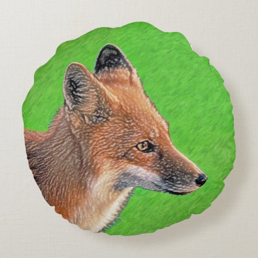 赤い狐の絵 - オリジナルの野生動物アート ラウンドクッション (裏面)