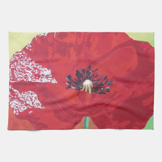 赤い独身の緑とオレンジ色の背景の茎のポピー キッチンタオル (横)