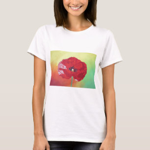 赤い独身の緑とオレンジ色の背景の茎のポピー Tシャツ