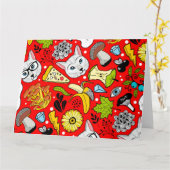 赤い猫と卵 カード (黄色い花)