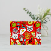 赤い猫と卵 箔招待状ポストカード (立ち正面)