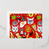 赤い猫と卵 箔招待状ポストカード (正面/裏面)